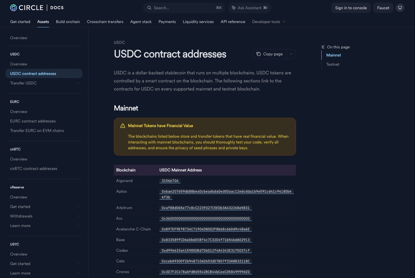 Screenshot of Circle’s developer documentation listing the chains with native USDC, including Aptos and Avalanche C-Chain.