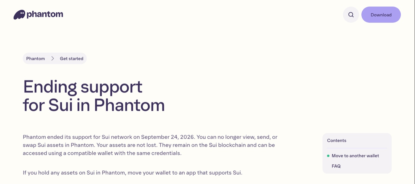 Screenshot of Phantom’s help centre announcing the end of Sui support on 24 September 2026.