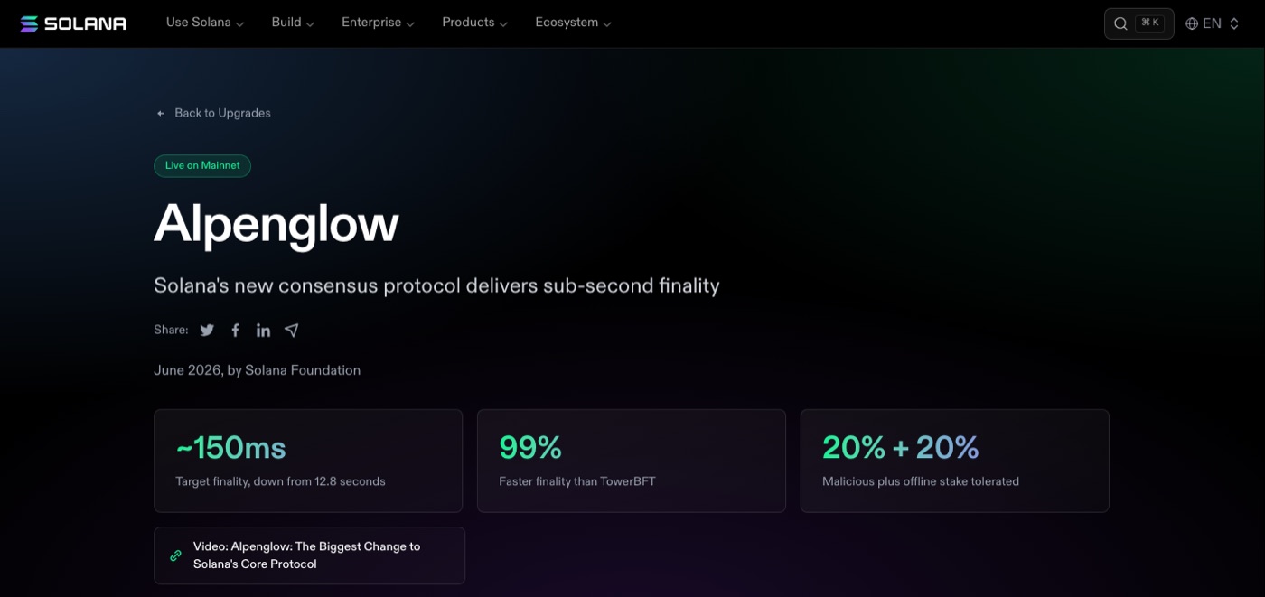 Screenshot of Solana’s Alpenglow upgrade page, showing the upgrade live on mainnet.