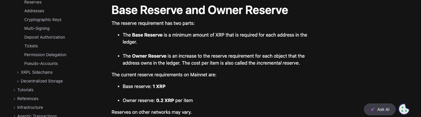 Screenshot of the XRP Ledger documentation listing a 1 XRP base reserve and 0.2 XRP owner reserve.